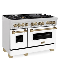 ZLINE Autograph 48" 6.0 cu. ft. Legacy Dual Fuel Range with 7 Burner Gas Cooktop and 2 Electric Ovens in Satin Stainless Steel with White Matte Doors and Champagne Bronze Accents, RASZ-WM-48-CB