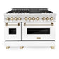 ZLINE Autograph Package - 48" Dual Fuel Range, Range Hood, and Dishwasher in White Matte and Satin Stainless Steel with Gold Accents, 3AKPR-RASWMRHDWM48-G