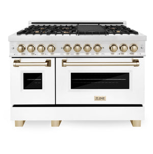ZLINE Autograph Package - 48" Dual Fuel Range, Range Hood, and Dishwasher in White Matte and Satin Stainless Steel with Gold Accents, 3AKPR-RASWMRHDWM48-G