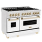 ZLINE Autograph Package - 48" Dual Fuel Range, Range Hood, and Dishwasher in White Matte and Satin Stainless Steel with Gold Accents, 3AKPR-RASWMRHDWM48-G