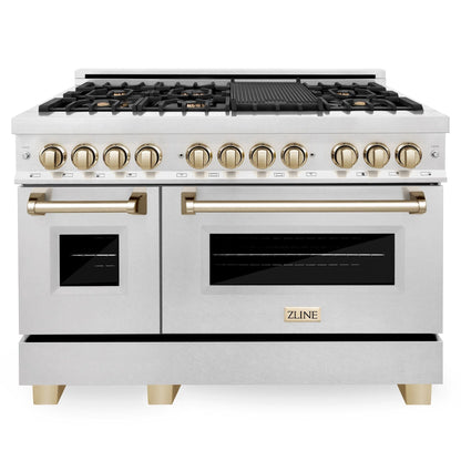 ZLINE Autograph 48" 6.0 cu. ft. Legacy Dual Fuel Range with 7 Burner Gas Cooktop and 2 Electric Ovens in Satin Stainless Steel and Polished Gold Accents, RASZ-SN-48-G
