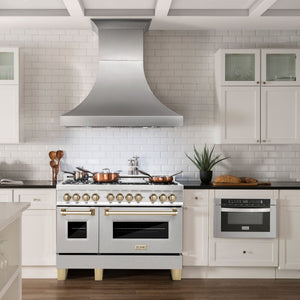 ZLINE Autograph 48" 6.0 cu. ft. Legacy Dual Fuel Range with 7 Burner Gas Cooktop and 2 Electric Ovens in Satin Stainless Steel and Polished Gold Accents, RASZ-SN-48-G