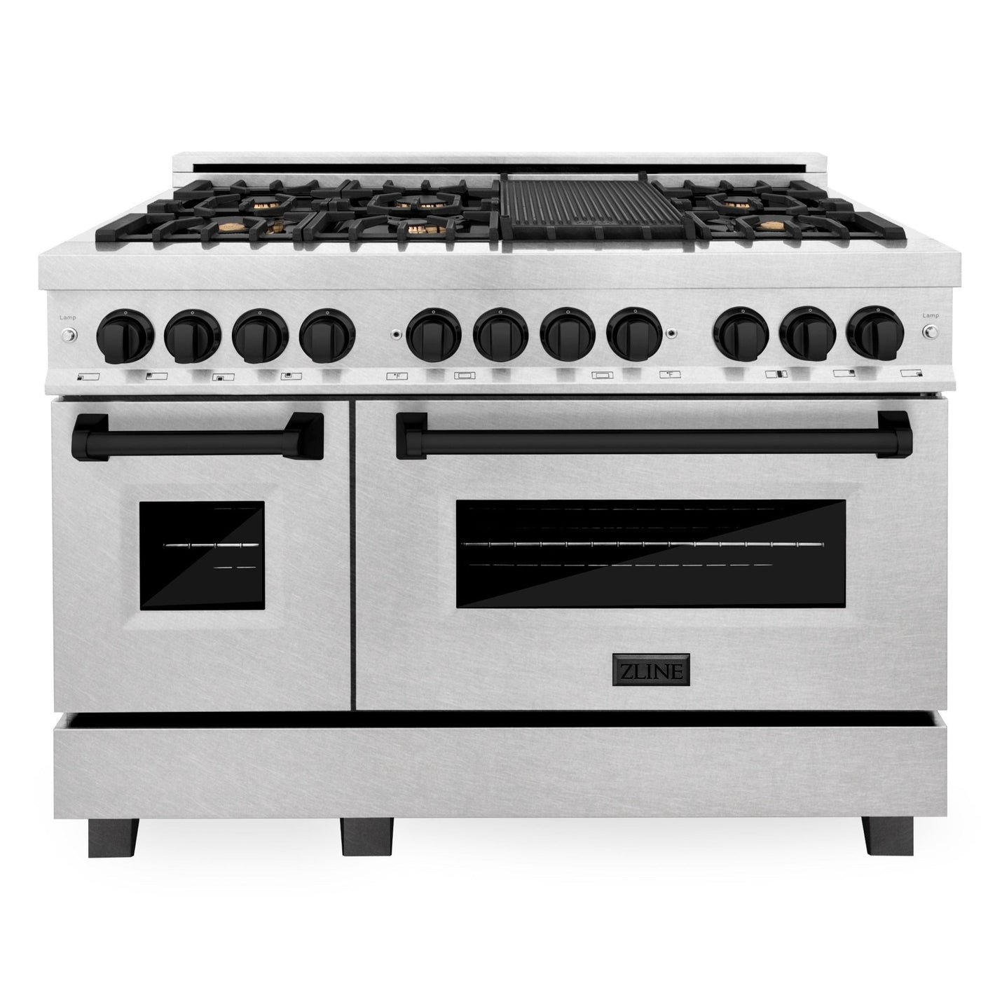 ZLINE Autograph 48" 6.0 cu. ft. Legacy Dual Fuel Range with 7 Burner Gas Cooktop and 2 Electric Ovens in Satin Stainless Steel and Matte Black Accents, RASZ-SN-48-MB