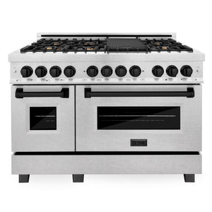 ZLINE Autograph 48" 6.0 cu. ft. Legacy Dual Fuel Range with 7 Burner Gas Cooktop and 2 Electric Ovens in Satin Stainless Steel and Matte Black Accents, RASZ-SN-48-MB
