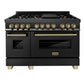ZLINE Autograph Package - 48" Dual Fuel Range, Range Hood, Refrigerator with Water and Ice Dispenser, Microwave and Dishwasher in Black Stainless Steel with Bronze Accents