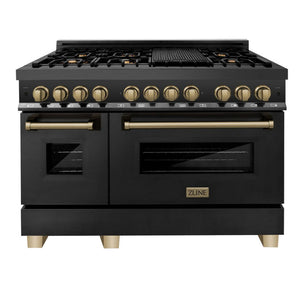 ZLINE Autograph Package - 48" Dual Fuel Range, Range Hood, Refrigerator with Water and Ice Dispenser, Microwave and Dishwasher in Black Stainless Steel with Bronze Accents