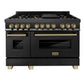 ZLINE Autograph Package - 48" Dual Fuel Range, Range Hood, Refrigerator, Microwave and Dishwasher in Black Stainless Steel with Bronze Accents