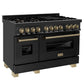 ZLINE Autograph Package - 48" Dual Fuel Range, Range Hood, Refrigerator, Dishwasher in Black Stainless, Bronze Accents