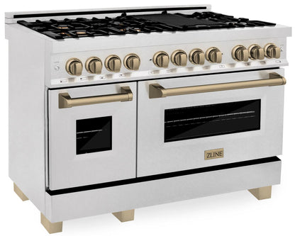 ZLINE Autograph 48" 6.0 cu. ft. Legacy Dual Fuel Range with 7 Burner Gas Cooktop and 2 Electric Ovens in Satin Stainless Steel and Champagne Bronze Accents, RASZ-SN-48-CB