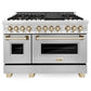 ZLINE Autograph Package - 48" Dual Fuel Range, Range Hood, Refrigerator,  Microwave and Dishwasher in Stainless Steel with Gold Accents