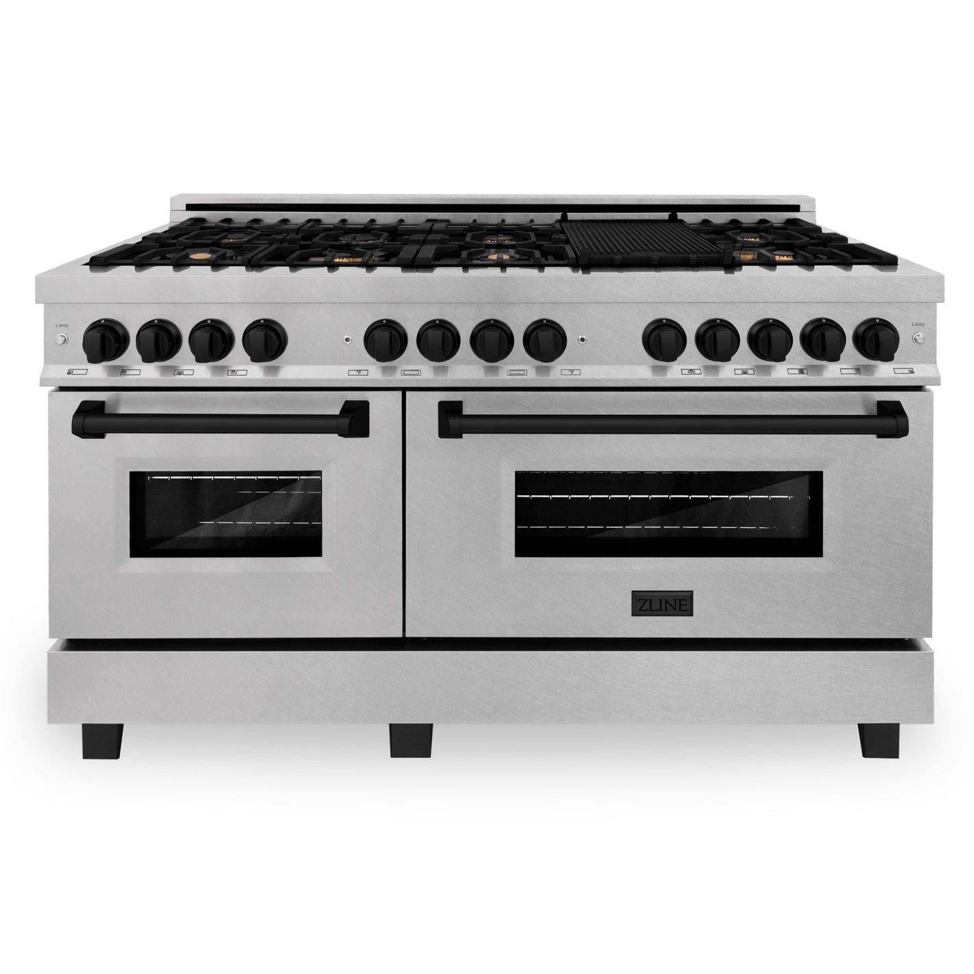 ZLINE Autograph 60" 7.4 cu. ft. Legacy Dual Fuel Range with 9 Burner Gas Cooktop and 2 Electric Convection Ovens in Satin Stainless Steel and Matte Black Accents, RASZ-SN-60-MB