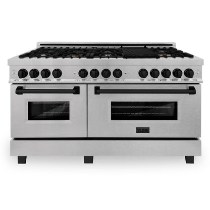 ZLINE Autograph 60" 7.4 cu. ft. Legacy Dual Fuel Range with 9 Burner Gas Cooktop and 2 Electric Convection Ovens in Satin Stainless Steel and Matte Black Accents, RASZ-SN-60-MB