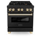 ZLINE Autograph Package - 30" Dual Fuel Range, Range Hood, Refrigerator, Dishwasher in Black Stainless with Gold Accents