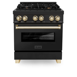 ZLINE Autograph Package - 30" Dual Fuel Range, Range Hood, Refrigerator, Dishwasher in Black Stainless with Gold Accents