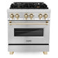 ZLINE Autograph Package - 30" Dual Fuel Range, Range Hood, Dishwasher, Refrigerator in Stainless Steel with Gold Accents, 4KAPR-RARHDWM30-G