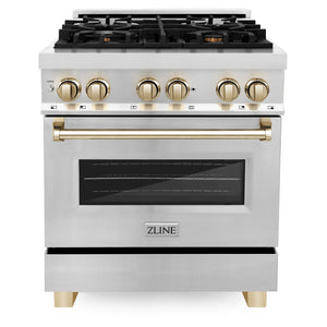 ZLINE Autograph Package - 30" Dual Fuel Range, Range Hood, Dishwasher, Refrigerator in Stainless Steel with Gold Accents, 4KAPR-RARHDWM30-G