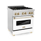 ZLINE Autograph 30" 4.0 cu. ft. Legacy Dual Fuel Range with 4 Burner Gas Cooktop and Electric Convection Oven in Satin Stainless Steel with White Matte Door and Polished Gold Accents, RASZ-WM-30-G