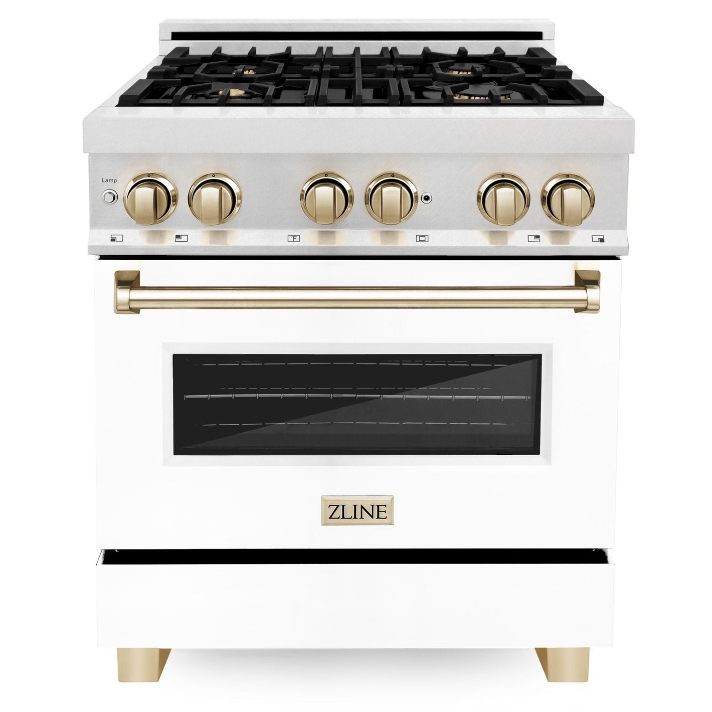 ZLINE Autograph 30" 4.0 cu. ft. Legacy Dual Fuel Range with 4 Burner Gas Cooktop and Electric Convection Oven in Satin Stainless Steel with White Matte Door and Polished Gold Accents, RASZ-WM-30-G