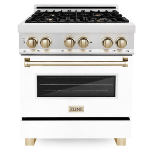 ZLINE Autograph 30" 4.0 cu. ft. Legacy Dual Fuel Range with 4 Burner Gas Cooktop and Electric Convection Oven in Satin Stainless Steel with White Matte Door and Polished Gold Accents, RASZ-WM-30-G