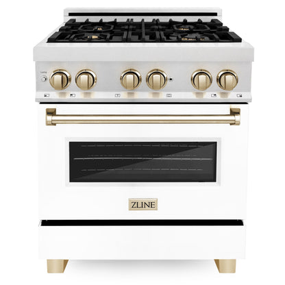 ZLINE Autograph 30" 4.0 cu. ft. Legacy Dual Fuel Range with 4 Burner Gas Cooktop and Electric Convection Oven in Satin Stainless Steel with White Matte Door and Polished Gold Accents, RASZ-WM-30-G