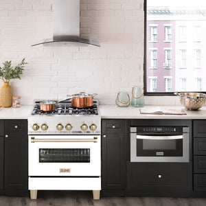 ZLINE Autograph 30" 4.0 cu. ft. Legacy Dual Fuel Range with 4 Burner Gas Cooktop and Electric Convection Oven in Satin Stainless Steel with White Matte Door and Polished Gold Accents, RASZ-WM-30-G