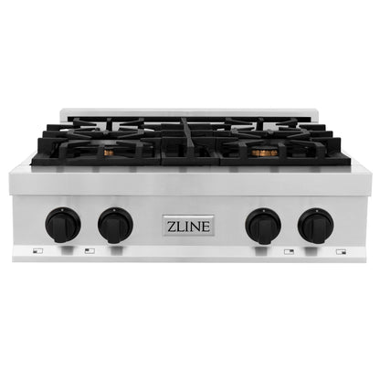 ZLINE Autograph Edition 30 in. Porcelain Rangetop with 4 Gas Burners in Stainless Steel and Matte Black Accents, RTZ-30-MB