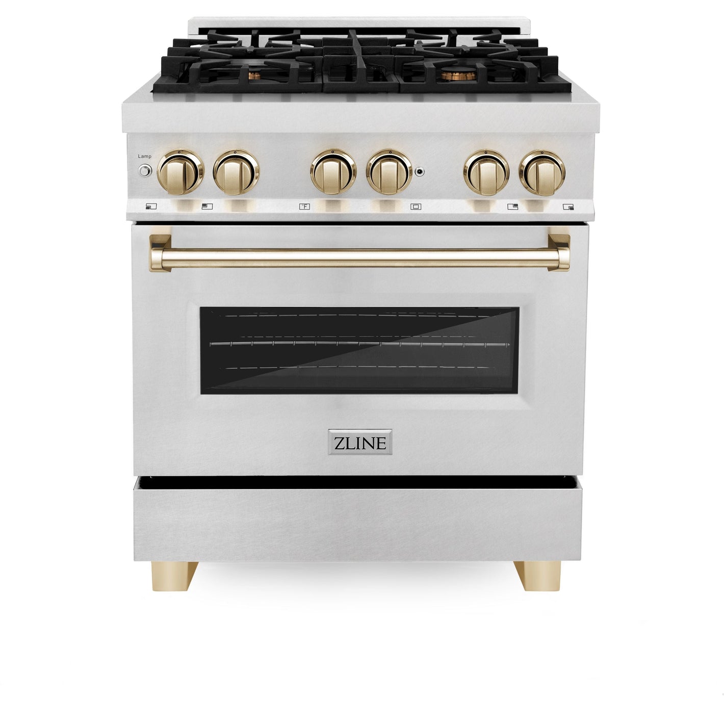 ZLINE Autograph 30" 4.0 cu. ft. Legacy Dual Fuel Range with 4 Burner Gas Cooktop and Electric Convection Oven in Satin Stainless Steel and Polished Gold Accents, RASZ-SN-30-G