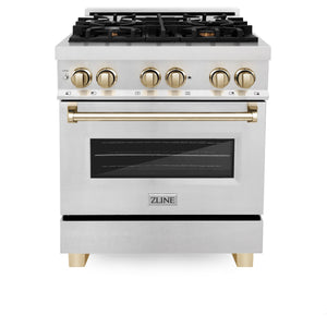 ZLINE Autograph 30" 4.0 cu. ft. Legacy Dual Fuel Range with 4 Burner Gas Cooktop and Electric Convection Oven in Satin Stainless Steel and Polished Gold Accents, RASZ-SN-30-G