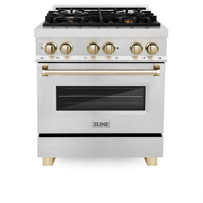 ZLINE Autograph 30" 4.0 cu. ft. Legacy Dual Fuel Range with 4 Burner Gas Cooktop and Electric Convection Oven in Satin Stainless Steel and Polished Gold Accents, RASZ-SN-30-G