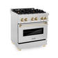 ZLINE Autograph 30" 4.0 cu. ft. Legacy Dual Fuel Range with 4 Burner Gas Cooktop and Electric Convection Oven in Satin Stainless Steel and Polished Gold Accents, RASZ-SN-30-G