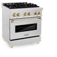 ZLINE Autograph 30" 4.0 cu. ft. Legacy Dual Fuel Range with 4 Burner Gas Cooktop and Electric Convection Oven in Satin Stainless Steel and Polished Gold Accents, RASZ-SN-30-G