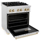 ZLINE Autograph 30" 4.0 cu. ft. Legacy Dual Fuel Range with 4 Burner Gas Cooktop and Electric Convection Oven in Satin Stainless Steel and Polished Gold Accents, RASZ-SN-30-G