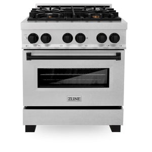 ZLINE Autograph 30" 4.0 cu. ft. Legacy Dual Fuel Range with 4 Burner Gas Cooktop and Electric Convection Oven in Satin Stainless Steel and Matte Black Accents, RASZ-SN-30-MB