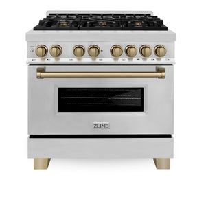 ZLINE Kitchen and Bath Autograph Package - 36 In. Dual Fuel Range, Range Hood in Stainless Steel with Champagne Bronze Accents, 2AKP-RARH36-CB