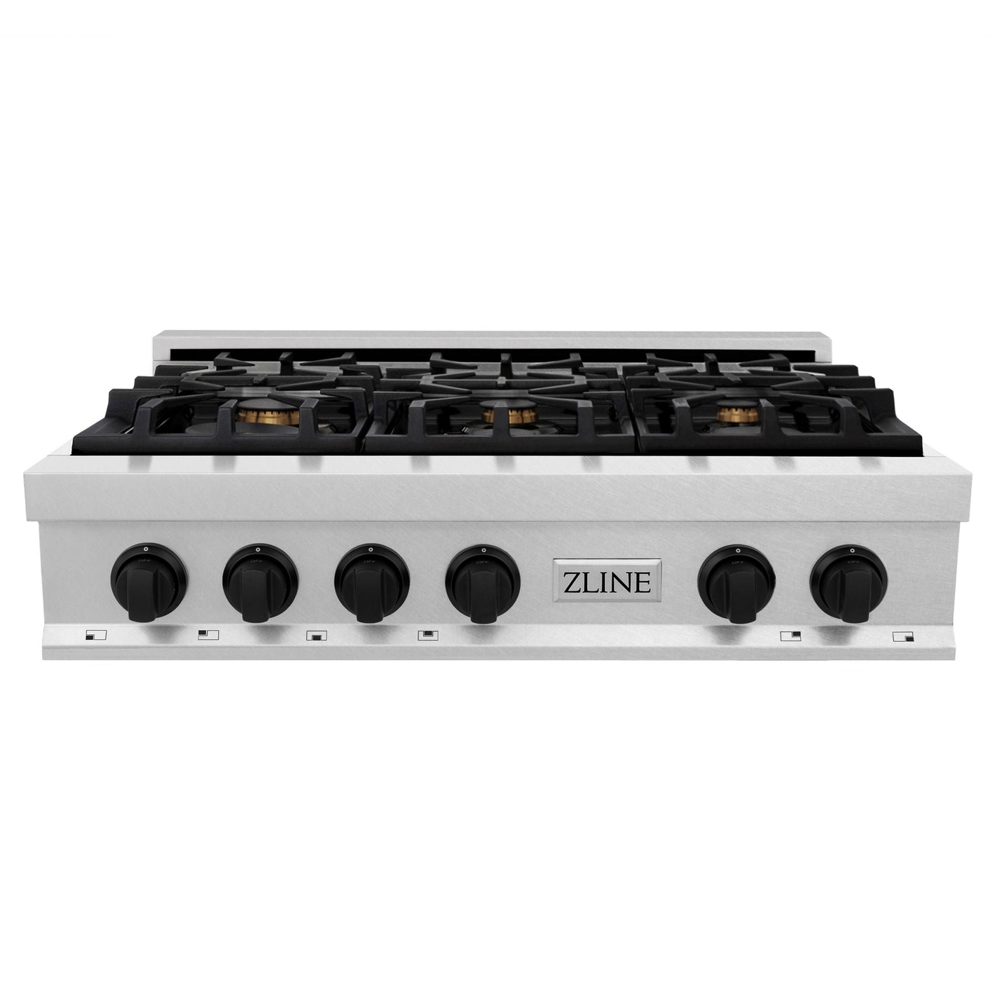 ZLINE Autograph 36" Legacy Gas Rangetop with 6 Burners and Porcelain Cooktop in Satin Stainless Steel with Matte Black Accents, RTSZ-36-MB