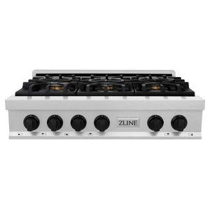 ZLINE Autograph 36" Legacy Gas Rangetop with 6 Burners and Porcelain Cooktop in Satin Stainless Steel with Matte Black Accents, RTSZ-36-MB
