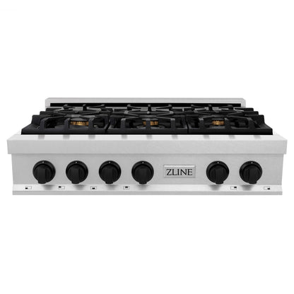 ZLINE Autograph 36" Legacy Gas Rangetop with 6 Burners and Porcelain Cooktop in Satin Stainless Steel with Matte Black Accents, RTSZ-36-MB