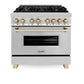 ZLINE Autograph Package - 36 In. Dual Fuel Range, Range Hood, Dishwasher, Refrigerator with Gold Accents, 4KAPR-RARHDWM36-G