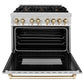 ZLINE Autograph Package - 36" Dual Fuel Range, Range Hood, Refrigerator with Water and Ice Dispenser, Microwave and Dishwasher in Stainless Steel with Gold Accents