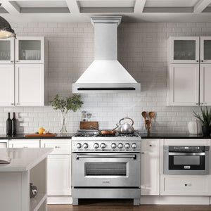 ZLINE Autograph 36" Satin Stainless Steel Wall Mount Range Hood with White Matte Shell and Matte Black Handle, 8654SNZ-WM36-MB
