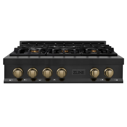 ZLINE Autograph Edition 36 Inch Gas Rangetop in Black Stainless Steel and Champagne Bronze Accents, RTBZ-36-CB