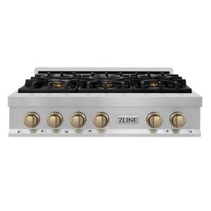 ZLINE Autograph Bronze Package - 36" Rangetop, 36" Range Hood, Dishwasher, Refrigerator with External Water and Ice Dispenser, Microwave Drawer