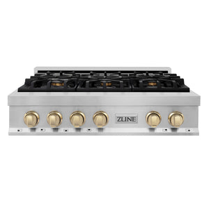 ZLINE Autograph Gold Package - 36" Rangetop, 36" Range Hood, Dishwasher, Refrigerator with External Water and Ice Dispenser, Microwave Oven