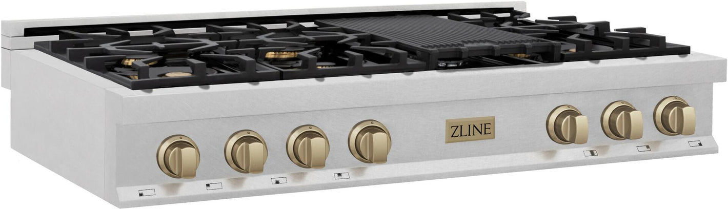 ZLINE Autograph 48" Legacy Gas Rangetop with 7 Burners and Porcelain Cooktop in Satin Stainless Steel with Champagne Bronze Accents, RTSZ-48-CB