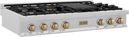 ZLINE Autograph 48" Legacy Gas Rangetop with 7 Burners and Porcelain Cooktop in Satin Stainless Steel with Champagne Bronze Accents, RTSZ-48-CB