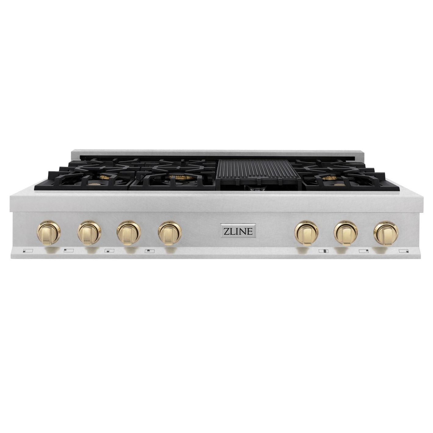 ZLINE Autograph 48" Legacy Gas Rangetop with 7 Burners and Porcelain Cooktop in Satin Stainless Steel with Polished Gold Accents, RTSZ-48-G
