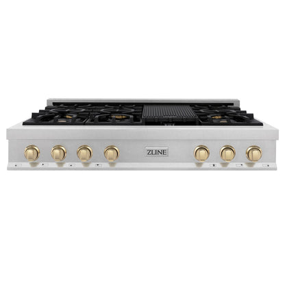 ZLINE Autograph 48" Legacy Gas Rangetop with 7 Burners and Porcelain Cooktop in Satin Stainless Steel with Polished Gold Accents, RTSZ-48-G