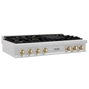 ZLINE Autograph 48" Legacy Gas Rangetop with 7 Burners and Porcelain Cooktop in Satin Stainless Steel with Polished Gold Accents, RTSZ-48-G