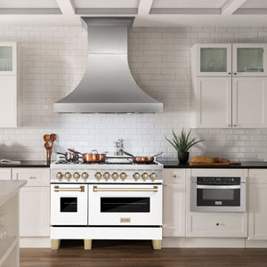 ZLINE Autograph 48" 6.0 cu. ft. Legacy Dual Fuel Range with 7 Burner Gas Cooktop and 2 Electric Ovens in Satin Stainless Steel with White Matte Doors and Polished Gold Accents, RASZ-WM-48-G
