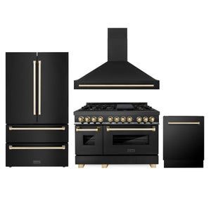 ZLINE Autograph Package - 48" Dual Fuel Range, Range Hood, Refrigerator, Dishwasher in Black Stainless with Gold Accents